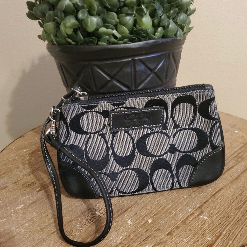 Coach Black and Gray Signature Canvas Wristlet